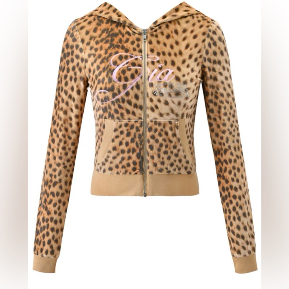 Von Dutch Leopard-Print Velour Zip Hoodie in Tan and Brown